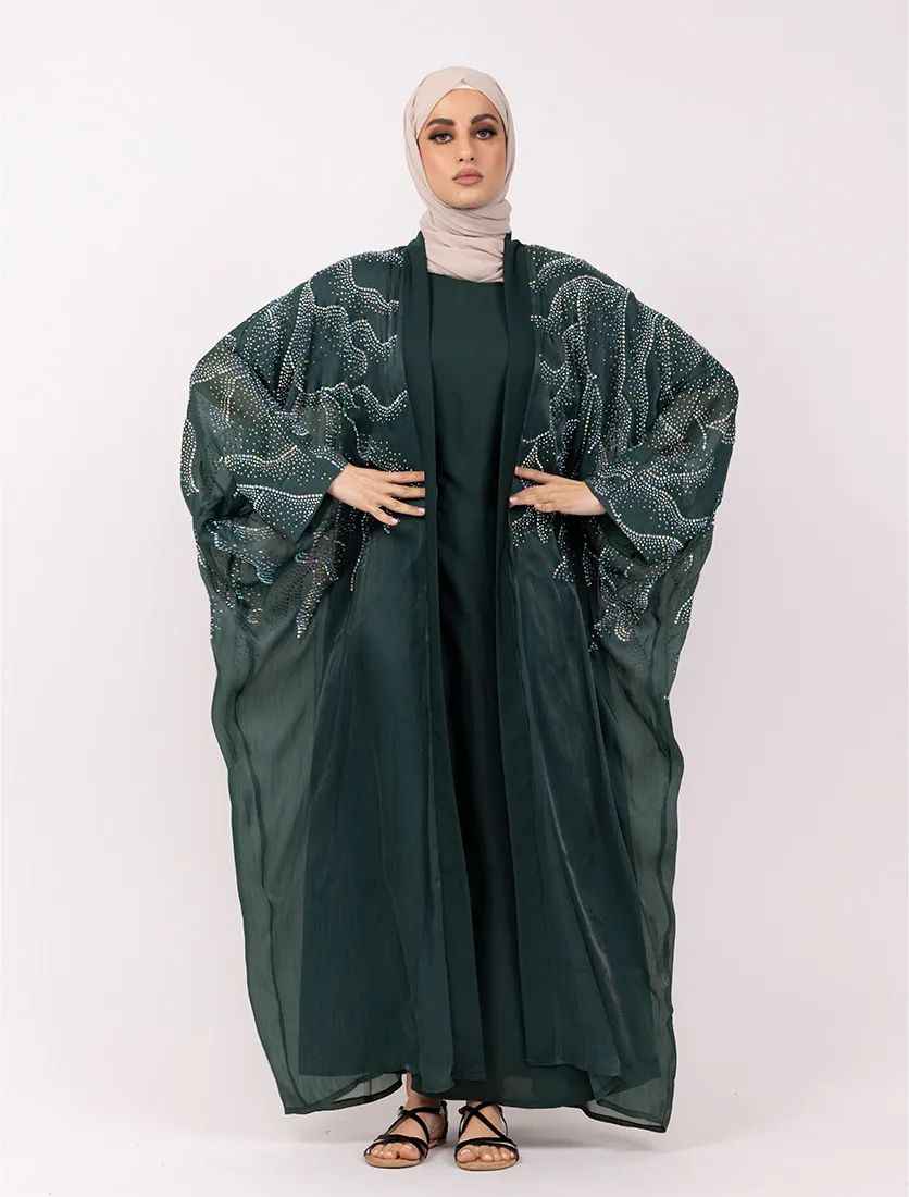 Green Crystal Embellished Sheer Overlay Abaya
